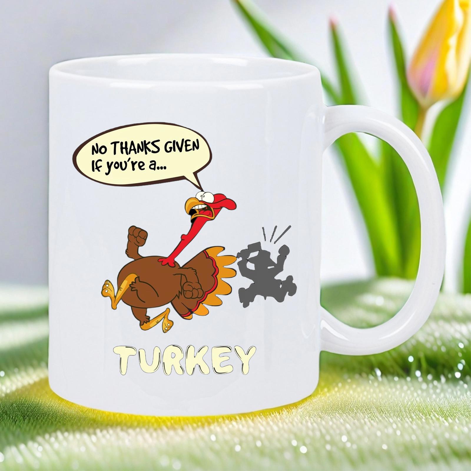 Tailorly White Ceramic 11 oz Mug - No Thanks Given Turkey Funny Cartoon Bird Running Away From Dark Shadow On White Ceramic Turkey