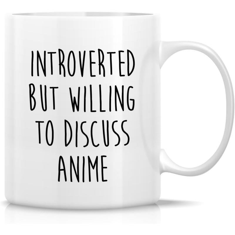 Tailorly White Ceramic 11 oz Mug - Introverted But Willing To Discuss Anime Bold Hand Drawn Style Script Centered On A Clean Background Quote