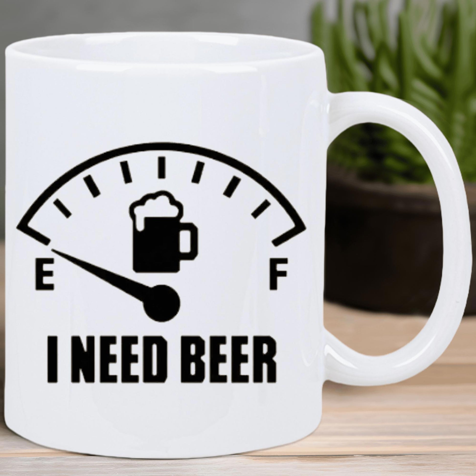 Tailorly White Ceramic 11 oz Mug - I Need Beer Minimalist Black Fuel Indicator Featuring A Frothy Glass Of Cold Drink Gauge
