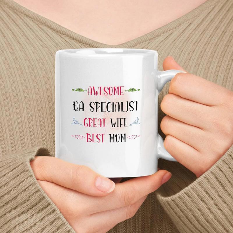 Tailorly White Ceramic 11 oz Mug - Awesome QA Specialist Great Wife Best Mom Minimalist Design Featuring Decorative Leaf Accents And Colorful Typography Mug