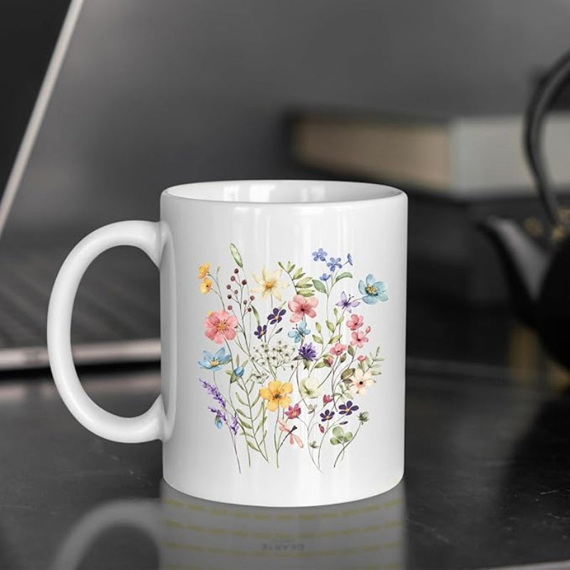 Tailorly White Ceramic 11 oz Mug - Vibrant Hand Painted Watercolor Botanical Garden With Delicate Blooming Petals And Leaves Flower