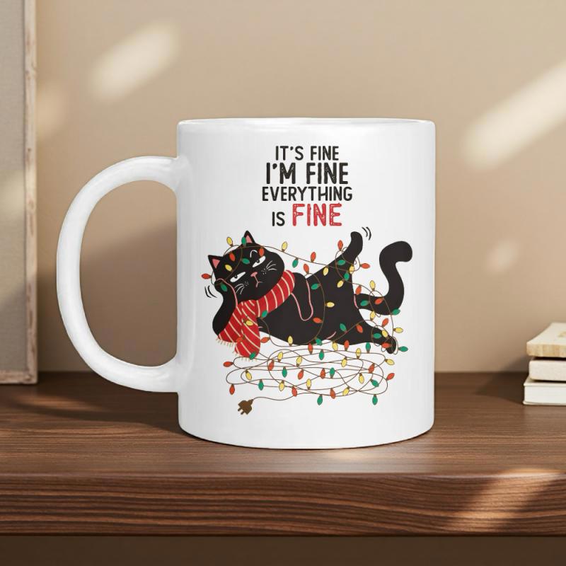 Tailorly White Ceramic 11 oz Mug - Its Fine Im Fine Everything Is Fine Festive Black Cat Tangled In Colorful Christmas Fairy Lights Wearing Scarf Cat