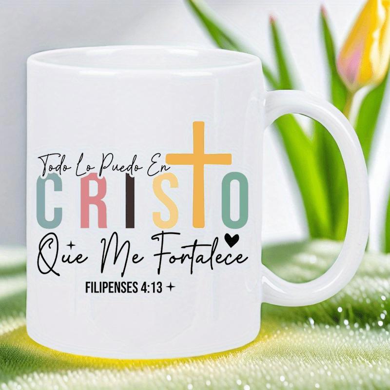 Tailorly White Ceramic 11 oz Mug - Colorful Religious Cross With Script Lettering And Small Black Heart Mug