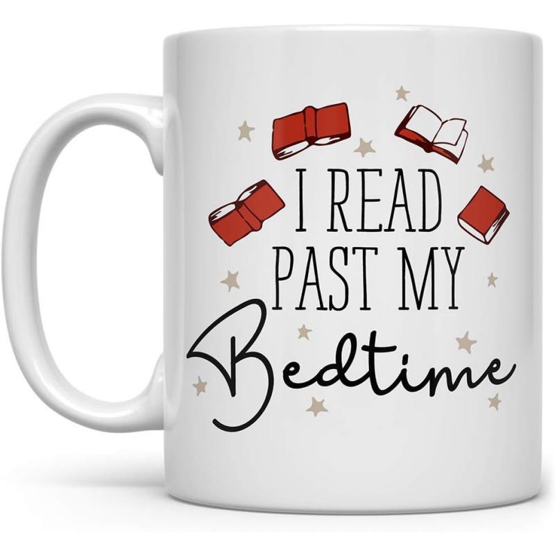 Tailorly White Ceramic 11 oz Mug - I Read Past My Bedtime Open Red Books Flying Among Tiny Sparkling Stars Book