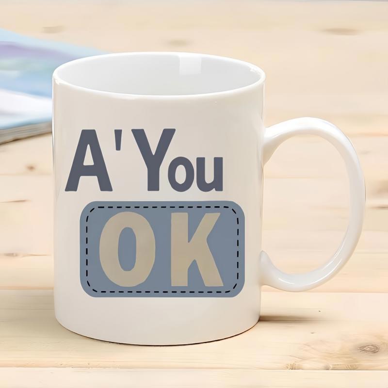 Tailorly White Ceramic 11 oz Mug - A You OK Simple Stitched Blue Rounded Label Printed On Glossy