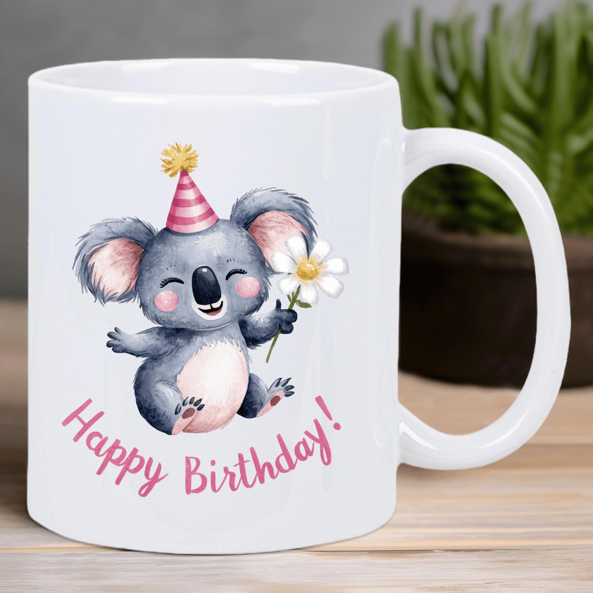 Tailorly White Ceramic 11 oz Mug - Happy Birthday Adorable Cartoon Character Wearing Striped Party Hat Holding White Daisy Koala