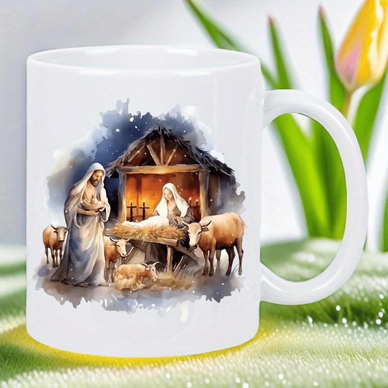 Tailorly White Ceramic 11 oz Mug - Holy Family Gathered Around Manger Within Rustic Stable Among Gentle Farm Animals Nativity