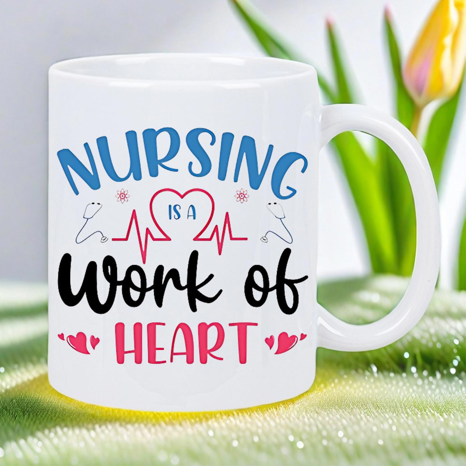 Tailorly White Ceramic 11 oz Mug - Nursing Is A Work Of Heart Elegant Heartbeat Line With Medical Theme Featuring Small Pink Hearts Mug