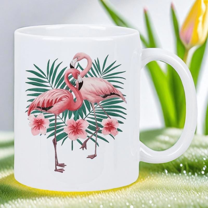 Tailorly White Ceramic 11 oz Mug - Tropical Garden With Elegant Pink Birds And Green Palm Leaves Flamingo