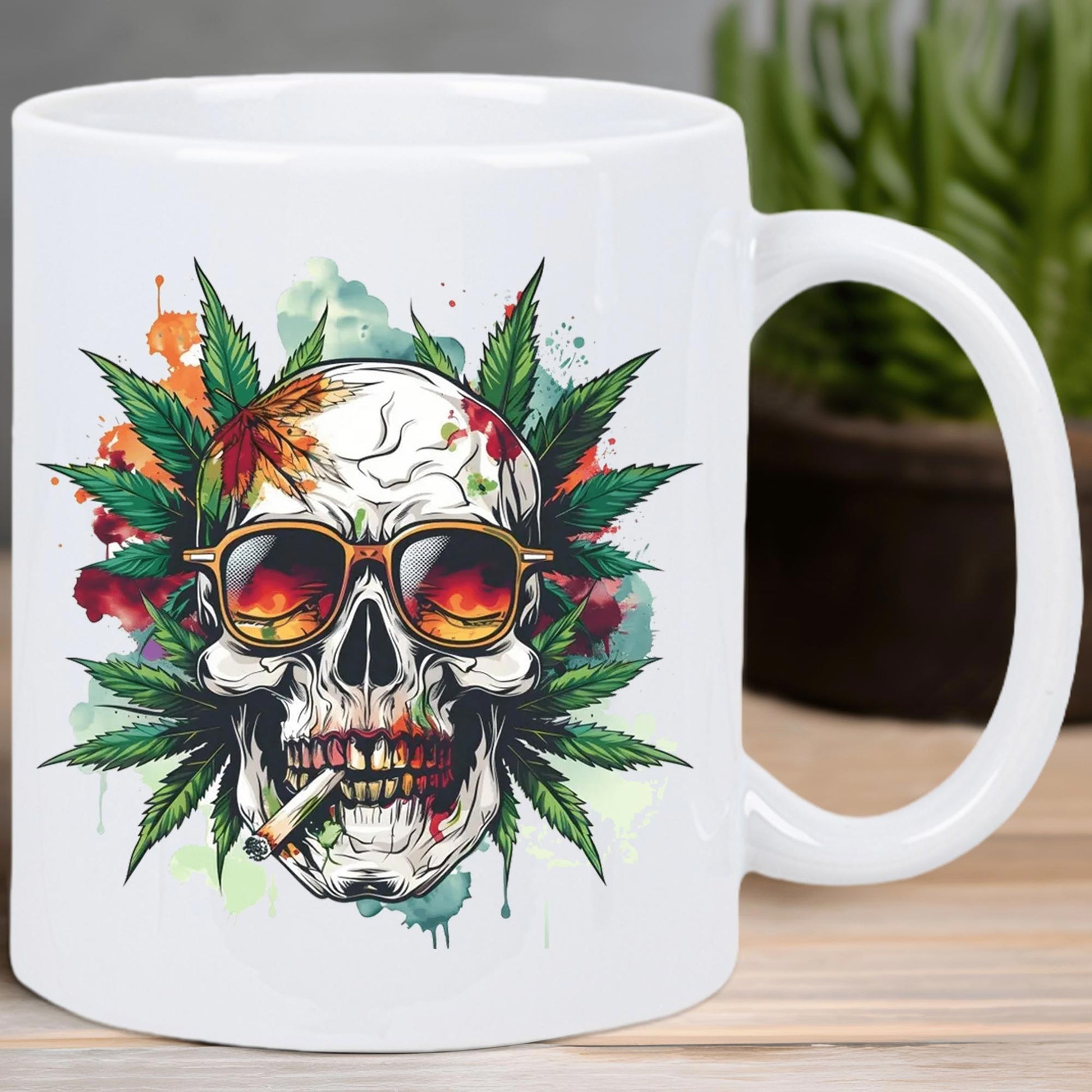 Tailorly White Ceramic 11 oz Mug - Edgy Artistic Design Wearing Sunglasses Among Vibrant Green Cannabis Leaves Watercolor Skull