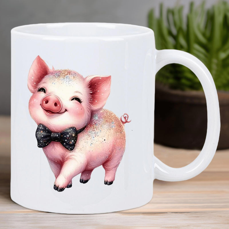 Tailorly White Ceramic 11 oz Mug - Adorable Smiling Pink Piglet Wearing A Polka Dot Bow Tie Pig