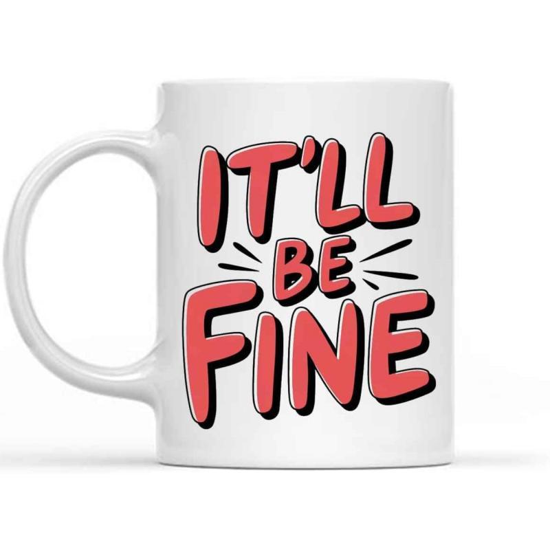 Tailorly White Ceramic 11 oz Mug - It'll Be Fine Cheerful Decorative Rounded Font Floating Among Small Minimalist Stylized Shine Lines Motto