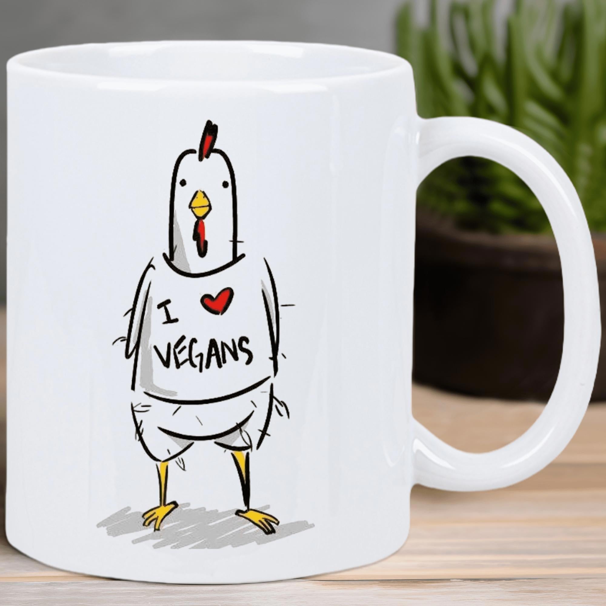 Tailorly White Ceramic 11 oz Mug - I Vegans Humorous Cartoon Styled Bird Wearing A Graphic White Tshirt Chicken