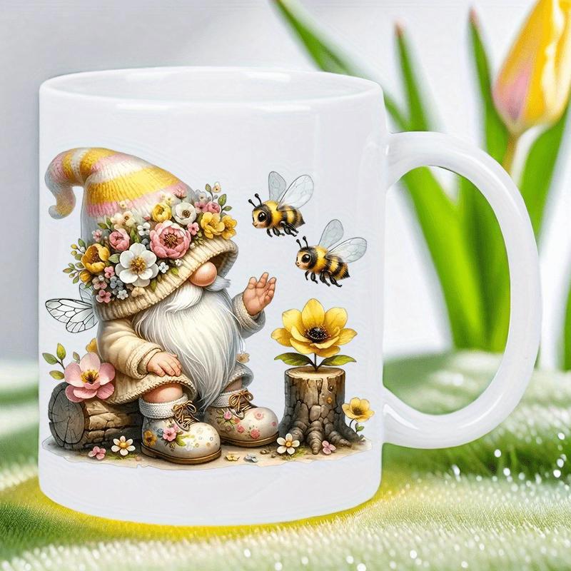 Tailorly White Ceramic 11 oz Mug - Whimsical Garden Gnome Among Flying Bees And Sunlit Floral Wooden Stump Gnome