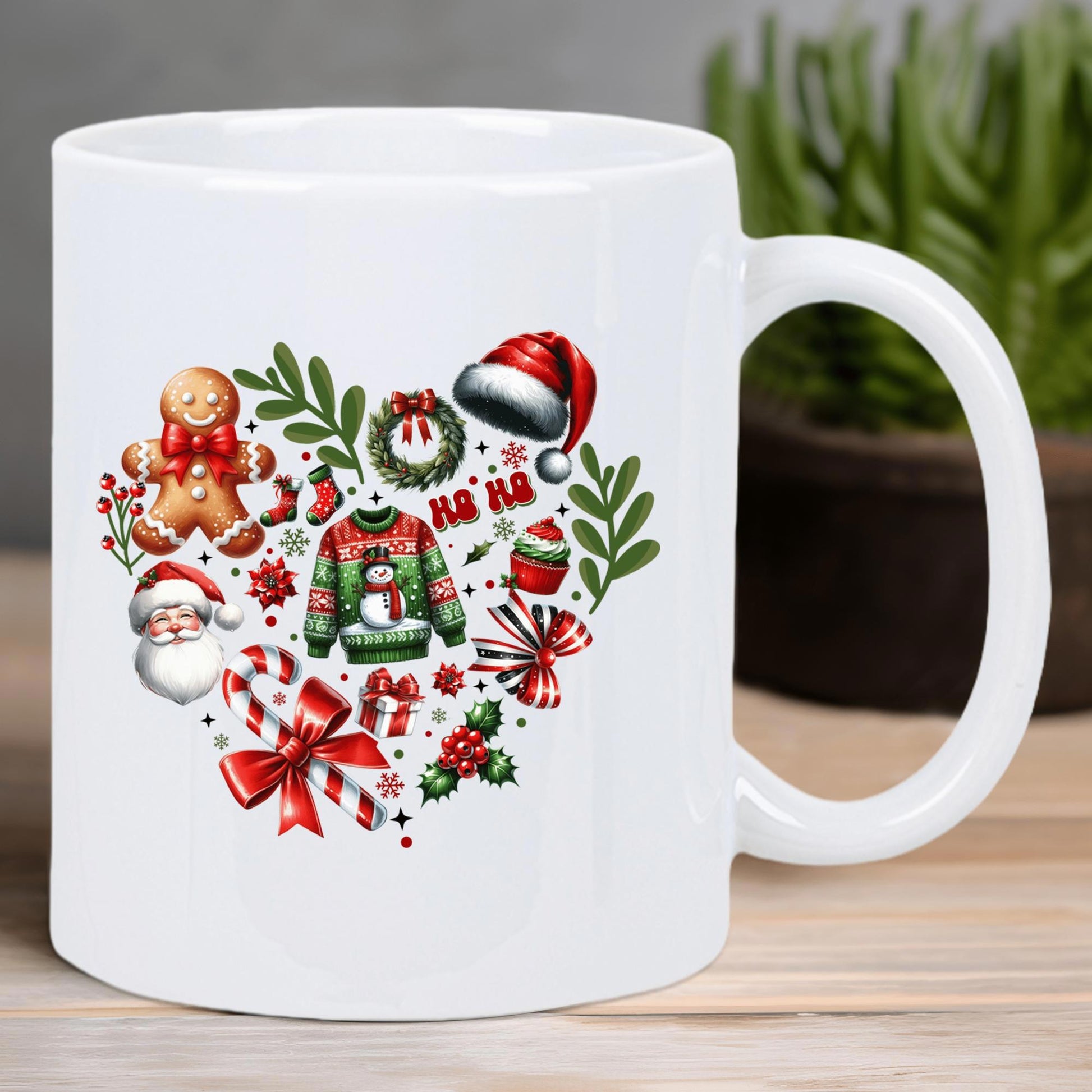 Tailorly White Ceramic 11 oz Mug - Ho Ho Ho Festive Christmas Icons Arranged Within A Decorative Heart