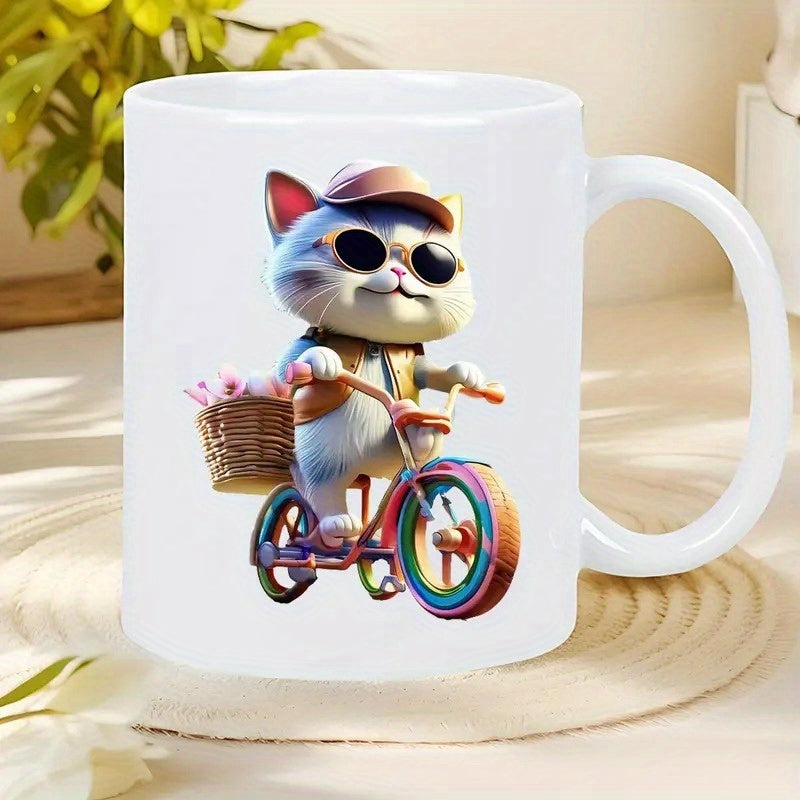 Tailorly White Ceramic 11 oz Mug - Adorable Fluffy White Cat Wearing Sunglasses Riding Colorful Bicycle Cat