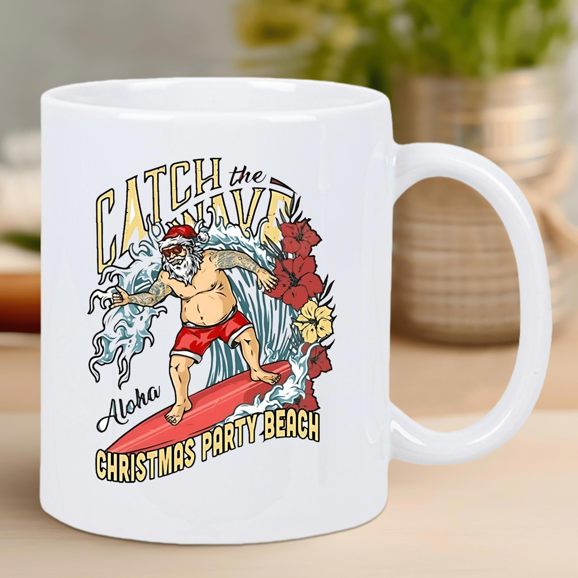 Tailorly White Ceramic 11 oz Mug - Catch The Wave Aloha Christmas Party Beach Tropical Surfing On A Red Board Over Waves Santa