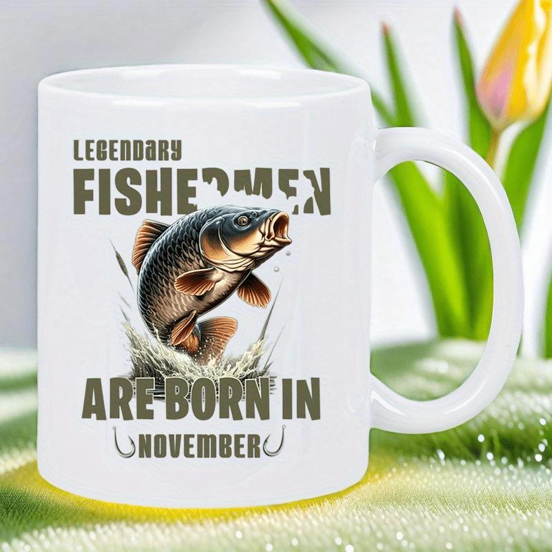 Tailorly White Ceramic 11 oz Mug - Legendary Fishermen Are Born In November Majestic Jumping Carp Rising From Splashing Water With Hooks Fish