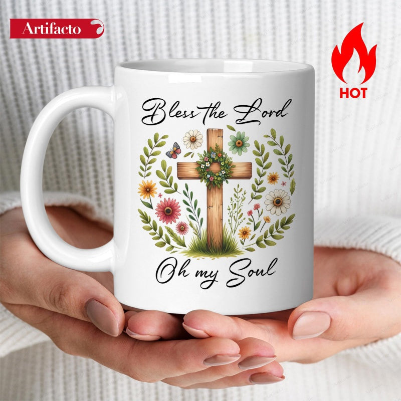Tailorly White Ceramic 11 oz Mug - Bless The Lord Oh My Soul Vibrant Wildflowers Surrounding A Rustic Wooden Floral Wreath Cross