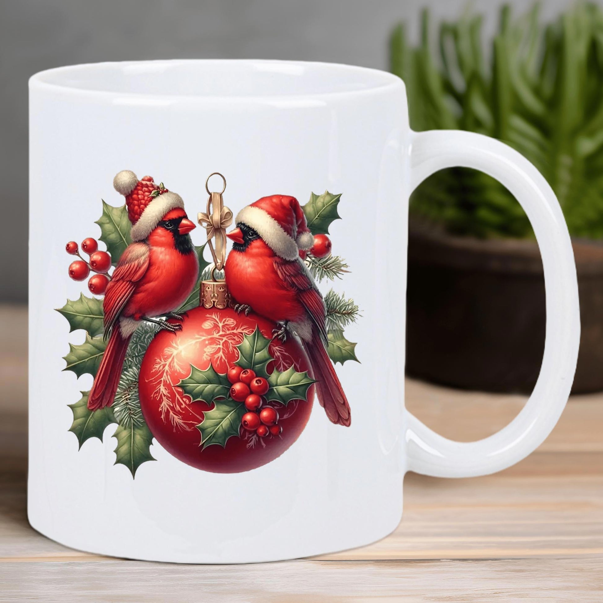 Tailorly White Ceramic 11 oz Mug - Festive Red Birds Wearing Santa Hats Perched On Large Christmas Ornament Cardinal