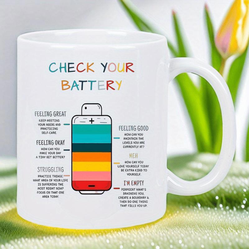 Tailorly White Ceramic 11 oz Mug - Check Your Battery Multi Colored Mental Health Status Indicator With Descriptive Text Bars Energy Battery