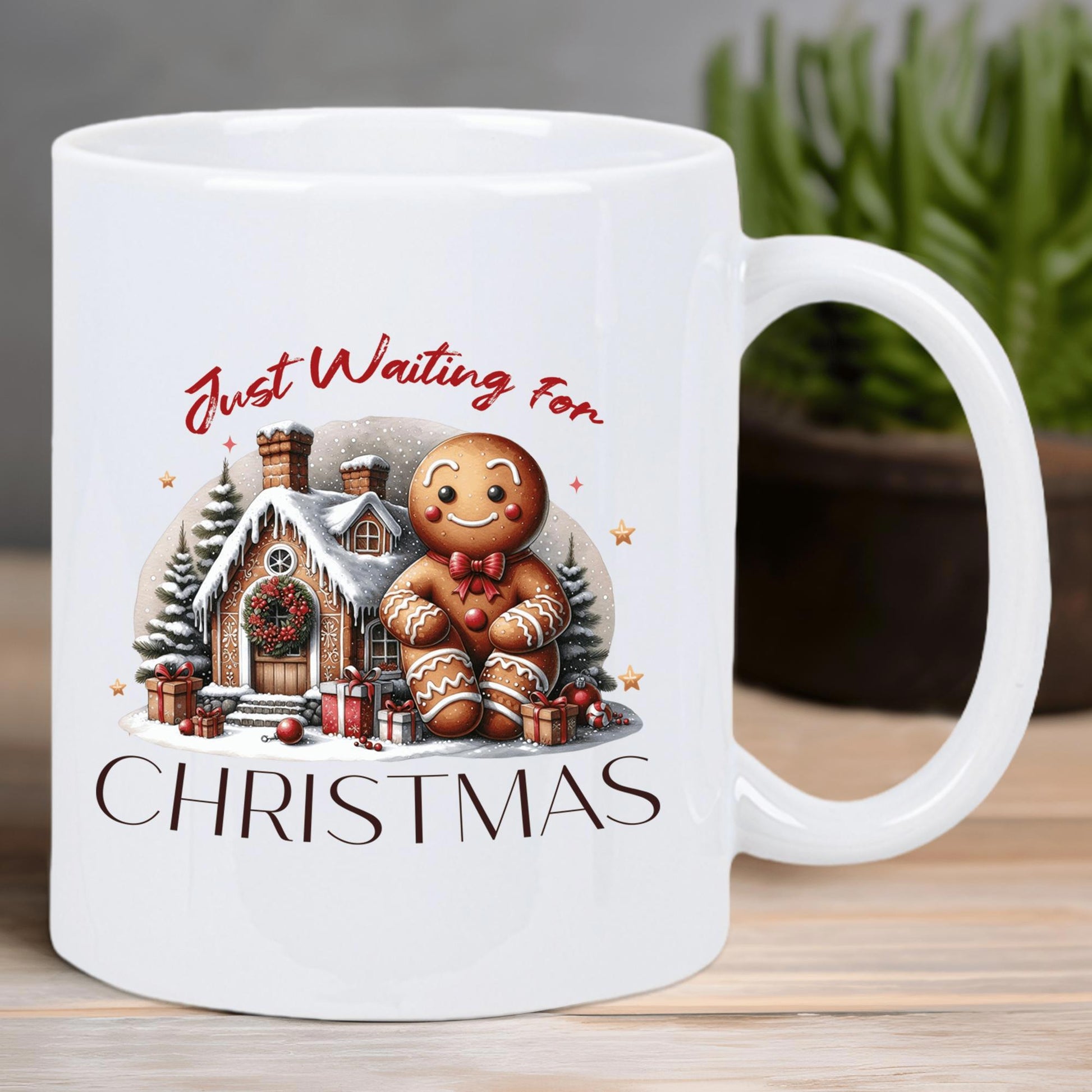 Tailorly White Ceramic 11 oz Mug - Just Waiting For Christmas Festive Snowy Cottage With Christmas Trees And Gifts Sitting Beside A Gingerbread Man