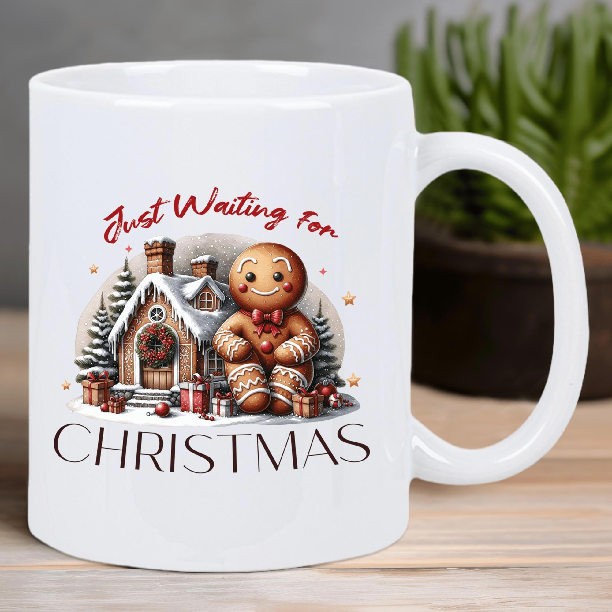 Tailorly White Ceramic 11 oz Mug - Just Waiting For Christmas Festive Snowy Cottage With Christmas Trees And Gifts Sitting Beside A Gingerbread Man