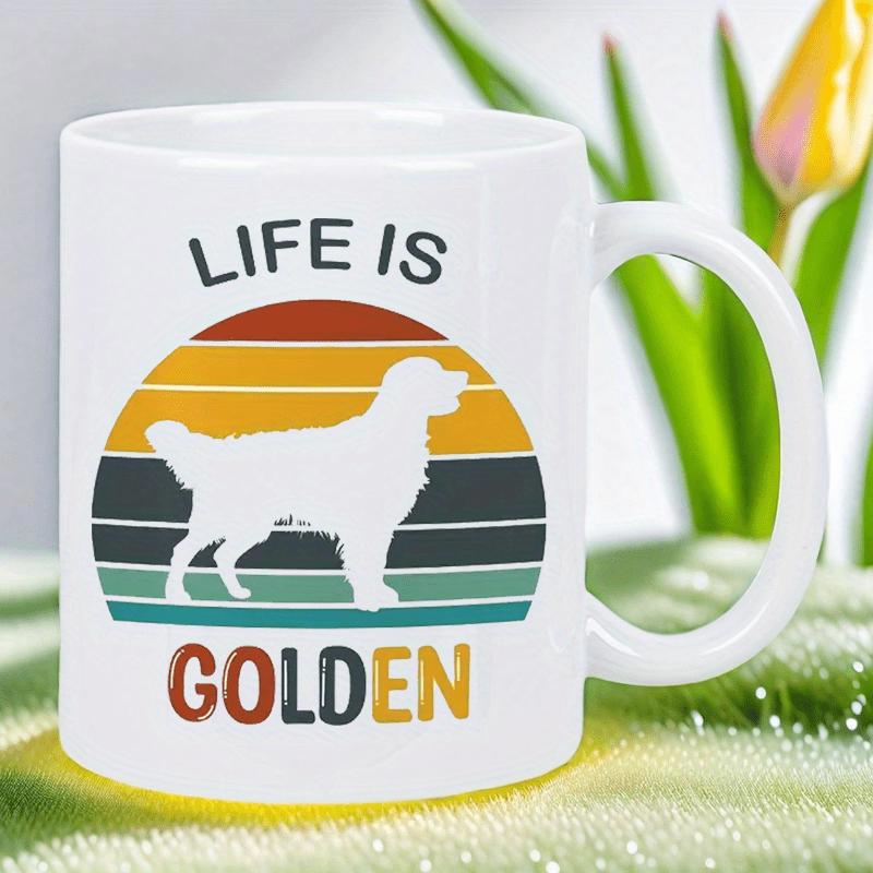 Tailorly White Ceramic 11 oz Mug - Life Is Golden Vintage Sunset Stripes Behind A Simple White Dog Silhouette Profile Dog