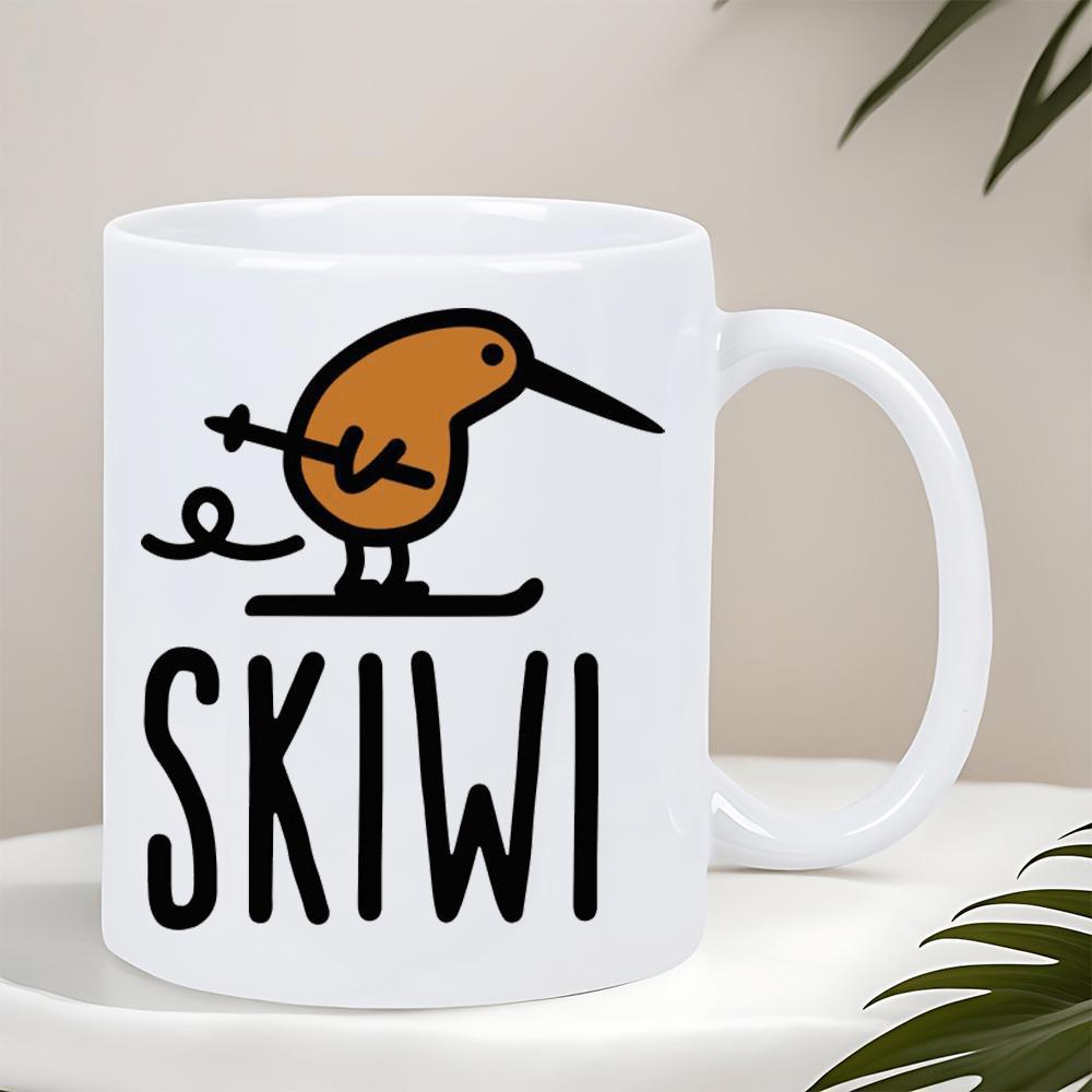 Tailorly White Ceramic 11 oz Mug - Skiwi Cute Minimalist Brown Kiwi Bird Balancing On A Single Ski With Pole Kiwi
