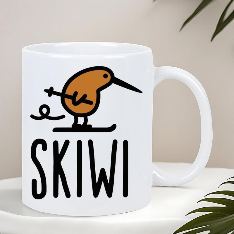 Tailorly White Ceramic 11 oz Mug - Skiwi Cute Minimalist Brown Kiwi Bird Balancing On A Single Ski With Pole Kiwi
