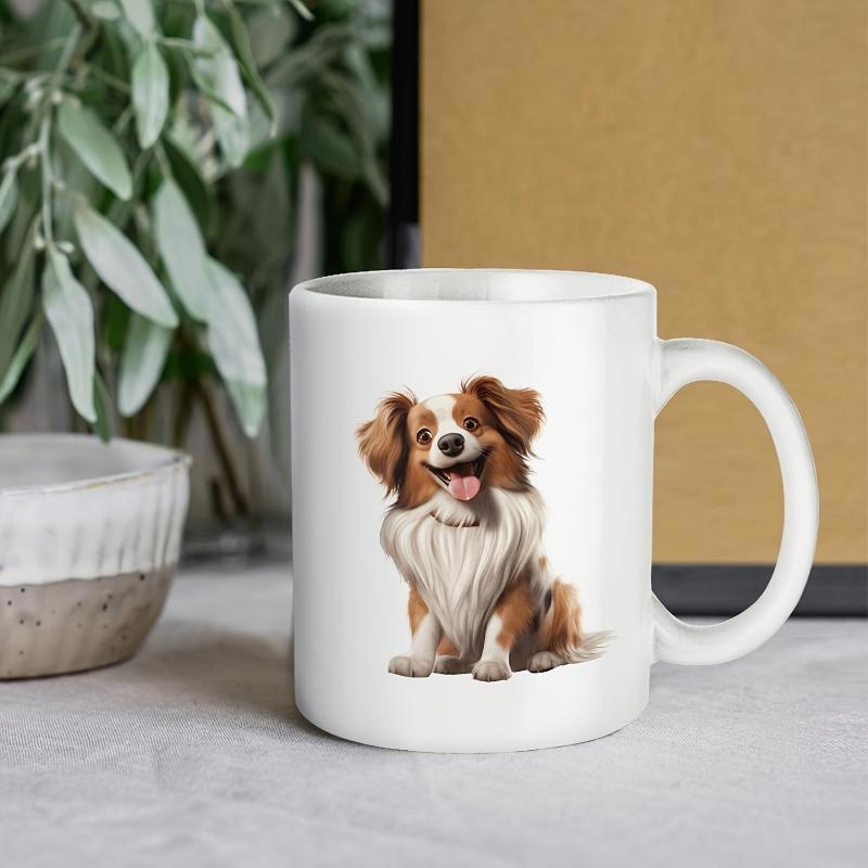 Tailorly White Ceramic 11 oz Mug - Happy Brown And White Long Haired Puppy Sitting On Plain Background Dog