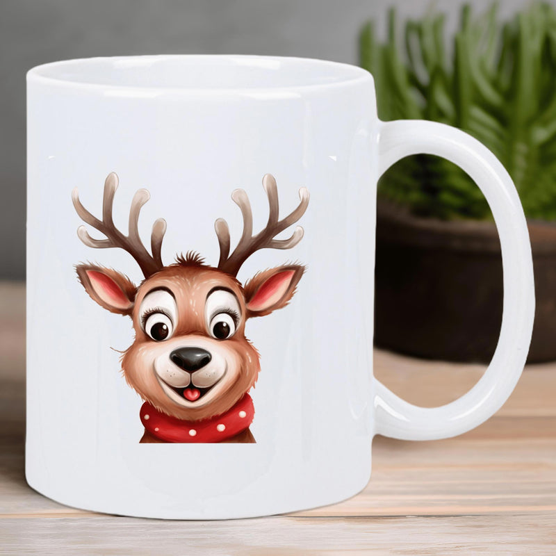 Tailorly White Ceramic 11 oz Mug - Cute Smiling Cartoon Antlered Animal Wearing Red Polka Dot Scarf Reindeer