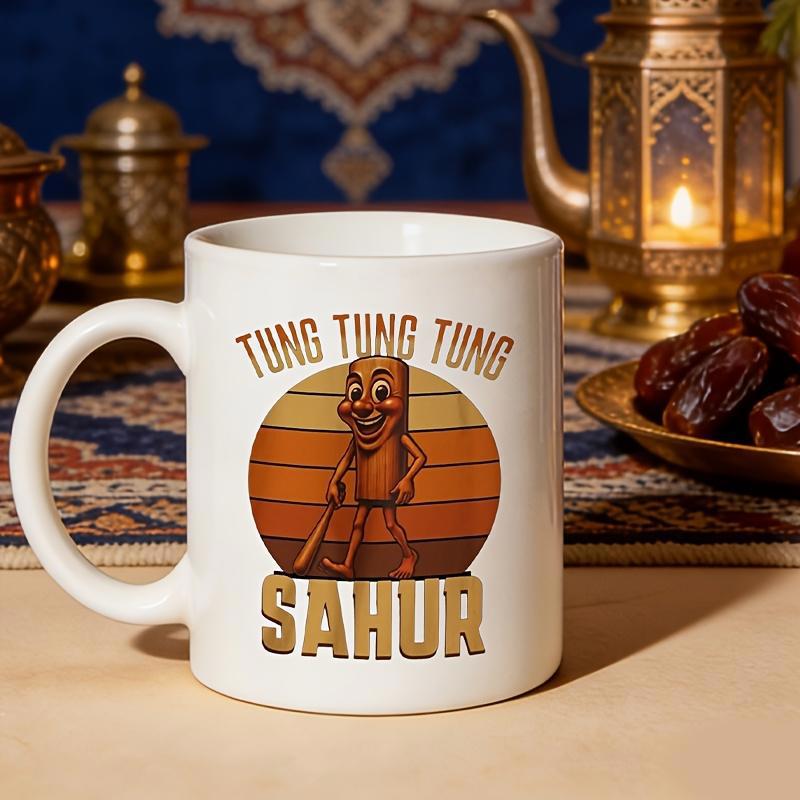 Tailorly White Ceramic 11 oz Mug - Tung Tung Tung Sahur Retro Striped Sunset Background With Traditional Drum Character Holding A Wooden Stick Drum