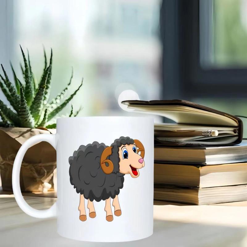 Tailorly White Ceramic 11 oz Mug - Adorable Cartoon Black Woolly Sheep With Large Brown Horns Standing Ram