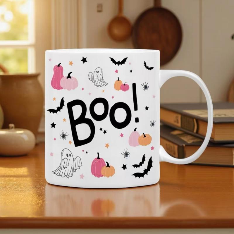 Tailorly White Ceramic 11 oz Mug - Boo Cute Pink Pumpkins With Friendly Ghosts And Flying Black Bats Pumpkin