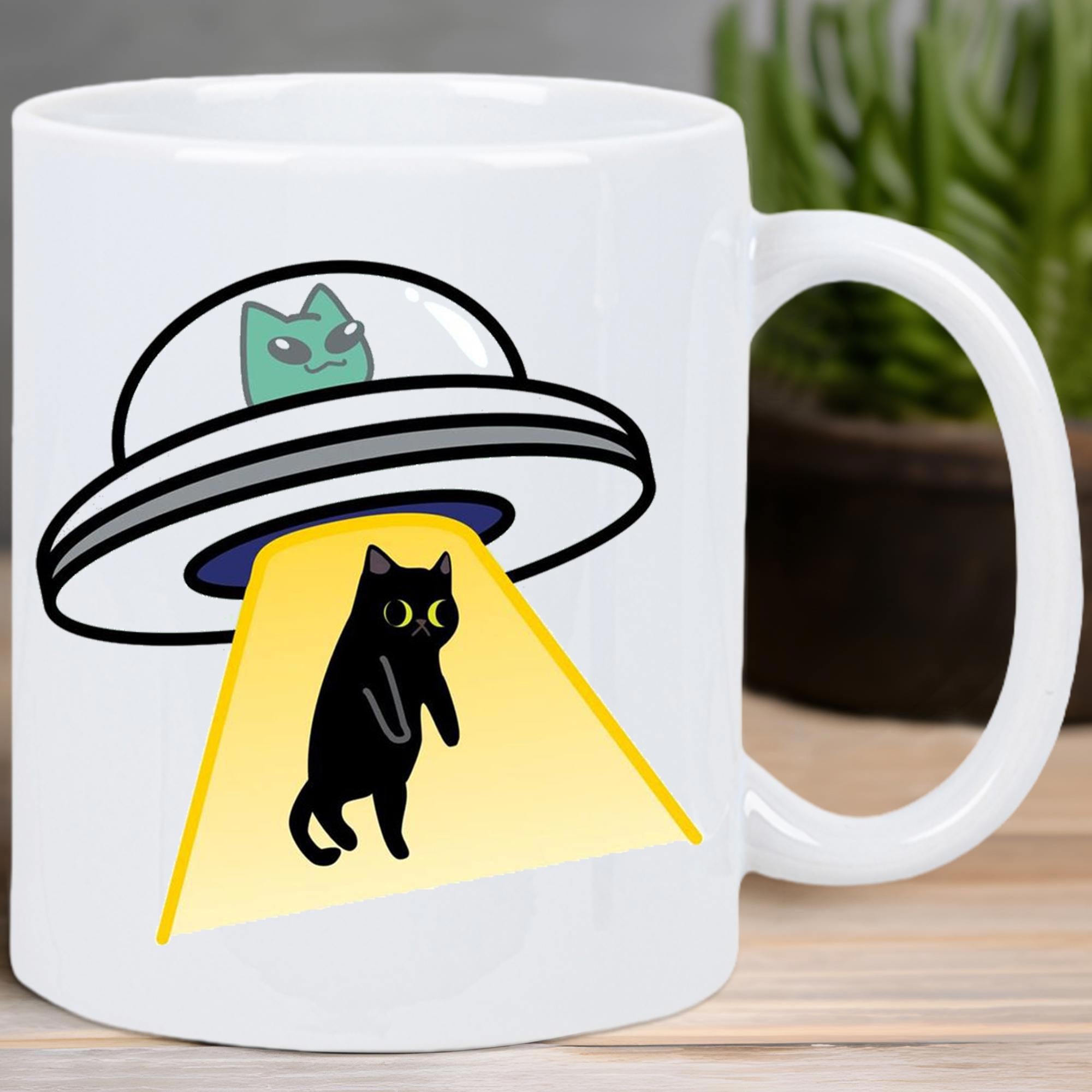 Tailorly White Ceramic 11 oz Mug - Floating Flying Saucer Beaming Up A Curious Standing Black Kitten Cat