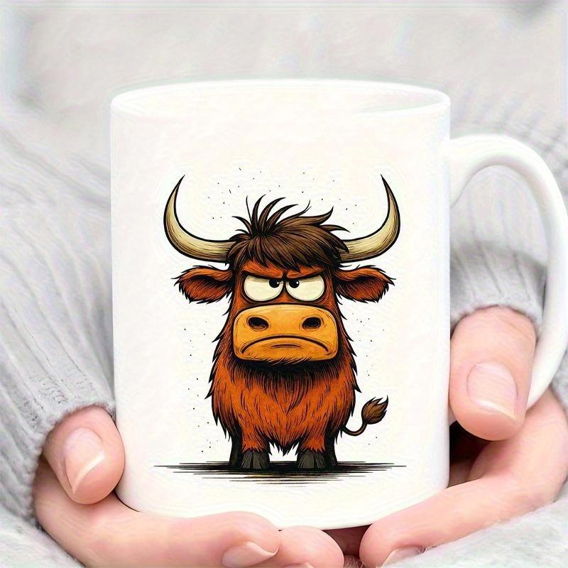 Tailorly White Ceramic 11 oz Mug - Angry Furry Brown Animal With Large Sharp Horns In Grumpy Stance Highland Cow