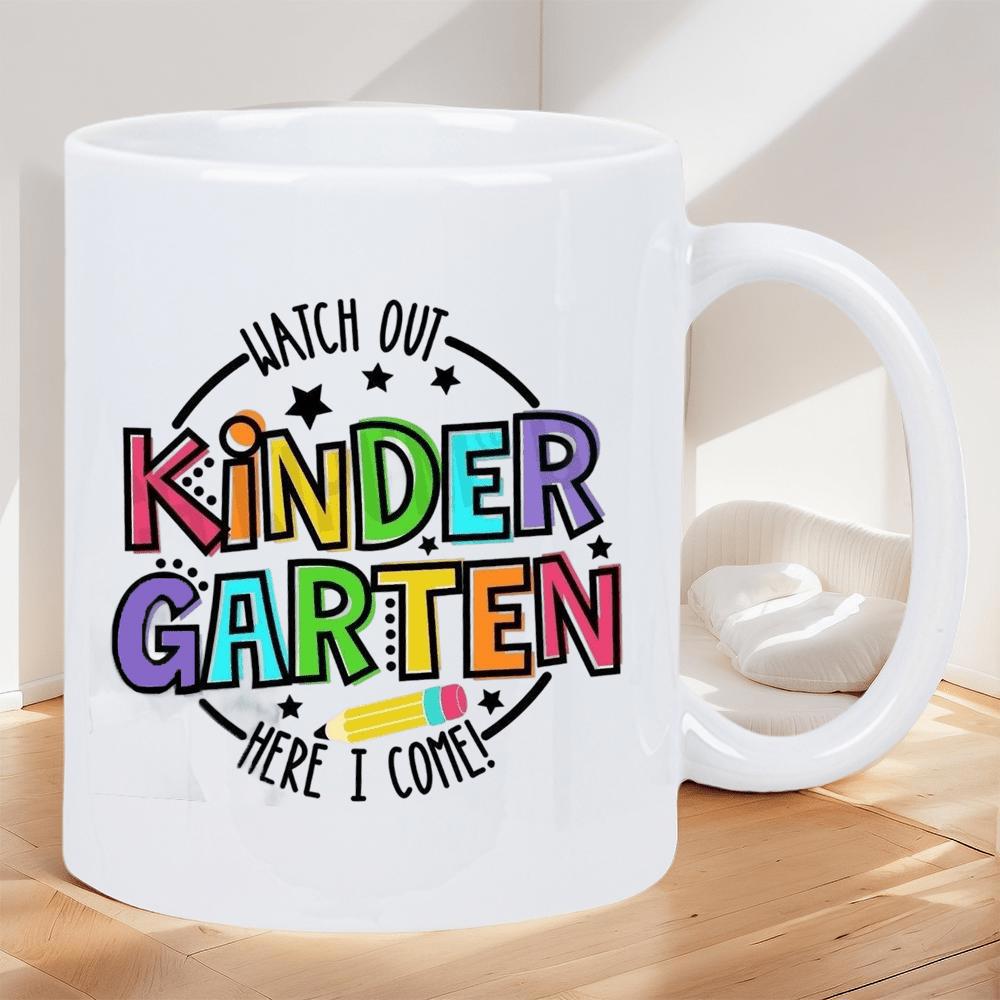 Tailorly White Ceramic 11 oz Mug - Watch Out Kindergarten Here I Come Colorful Playful Vibrant Layout With Stars And Little Crayon Design