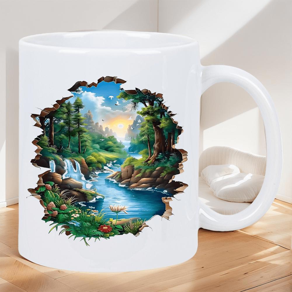 Tailorly White Ceramic 11 oz Mug - Lush Green Forest With Flowing Blue River Under Warm Golden Sunlight Landscape