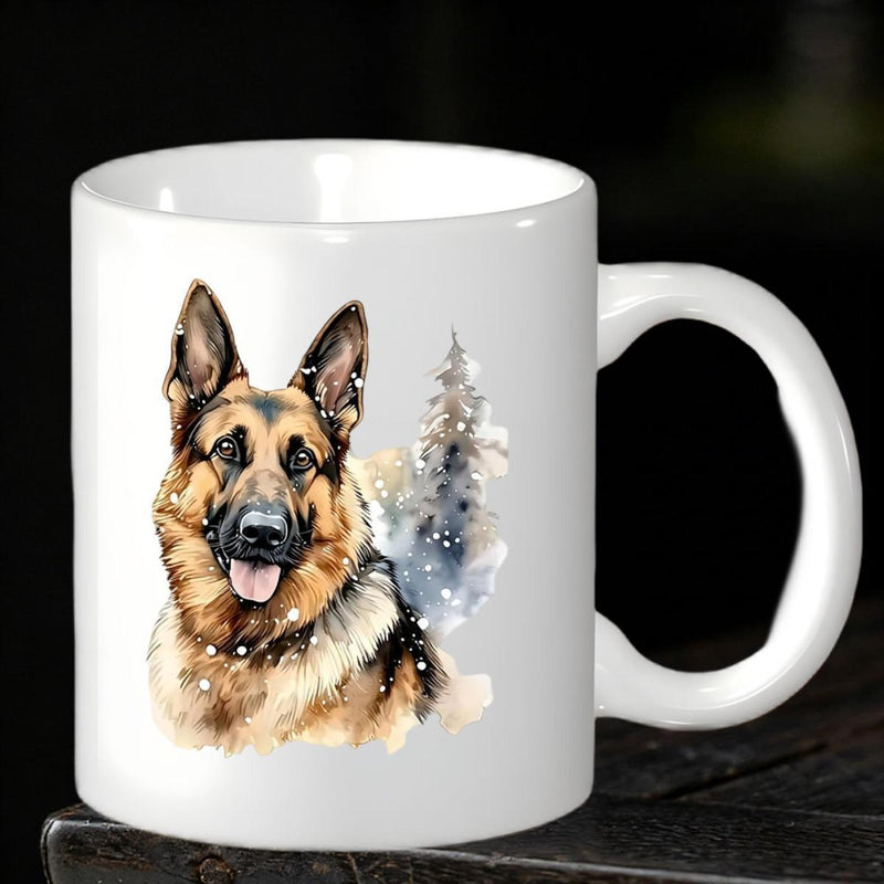 Tailorly White Ceramic 11 oz Mug - Majestic German Shepherd With Snowy Pine Tree And Falling Winter Flakes German Shepherd