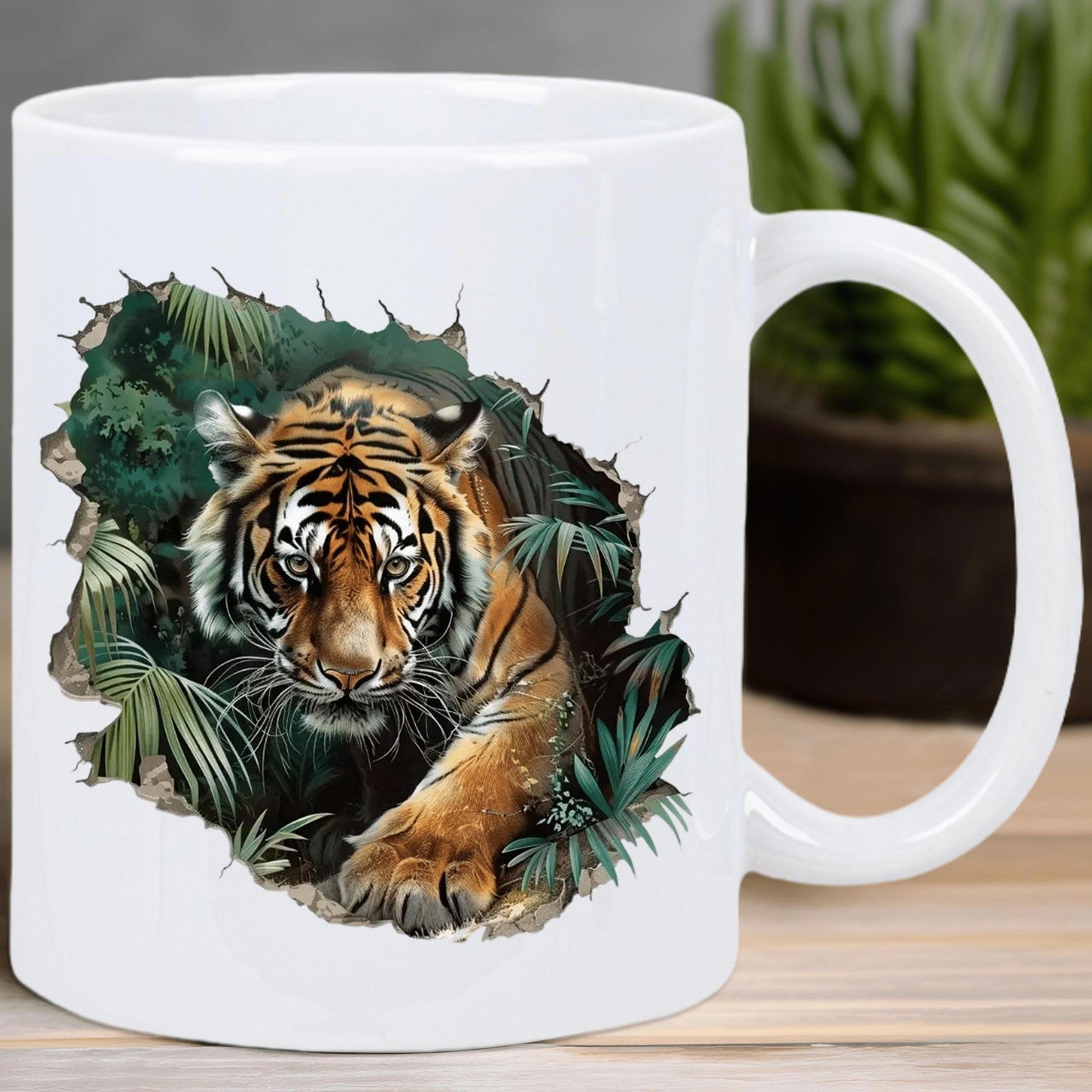Tailorly White Ceramic 11 oz Mug - Fierce Realistic Beast Emerging From Lush Green Tropical Jungle Leaves Tiger