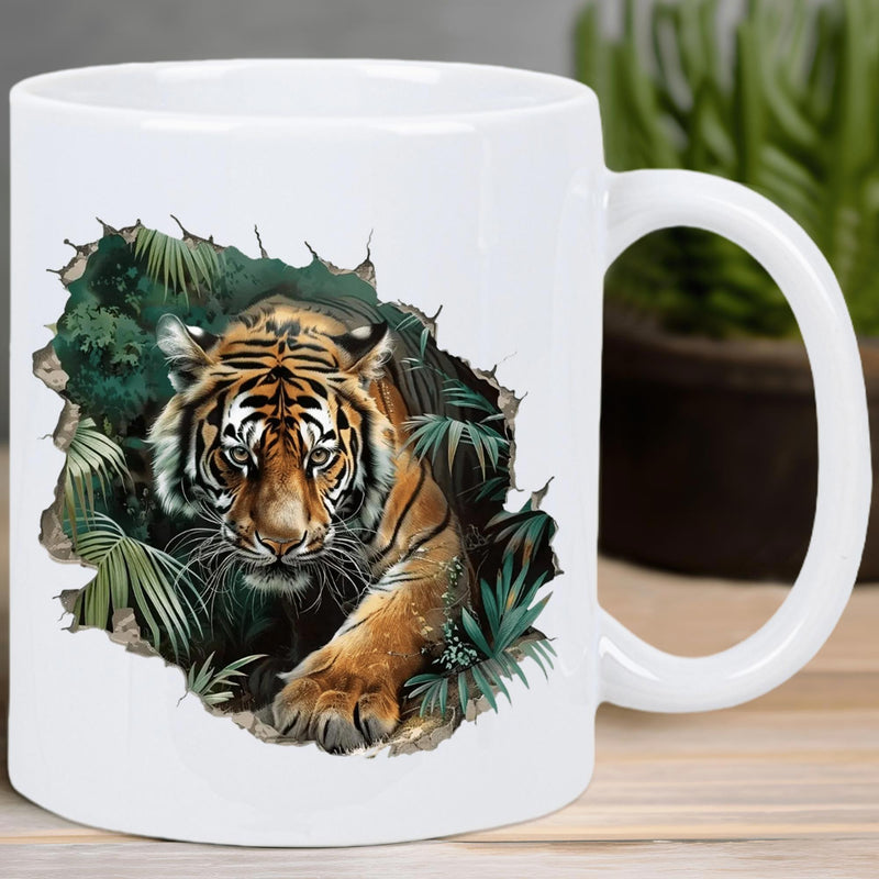 Tailorly White Ceramic 11 oz Mug - Fierce Realistic Beast Emerging From Lush Green Tropical Jungle Leaves Tiger