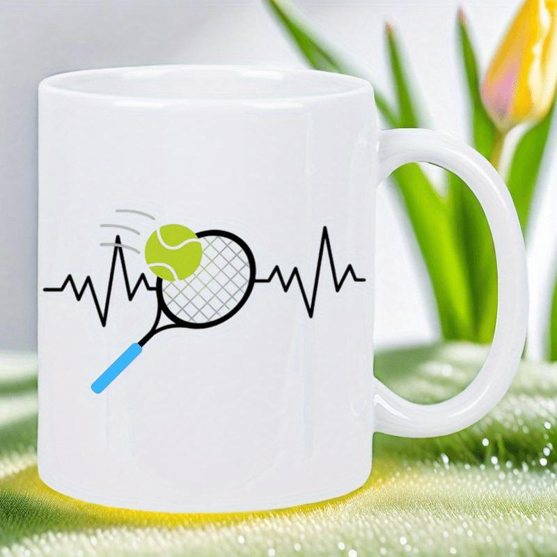Tailorly White Ceramic 11 oz Mug - Dynamic Heartbeat Pulse Line Combined With Athletic Moving Yellow Tennis Ball Racket