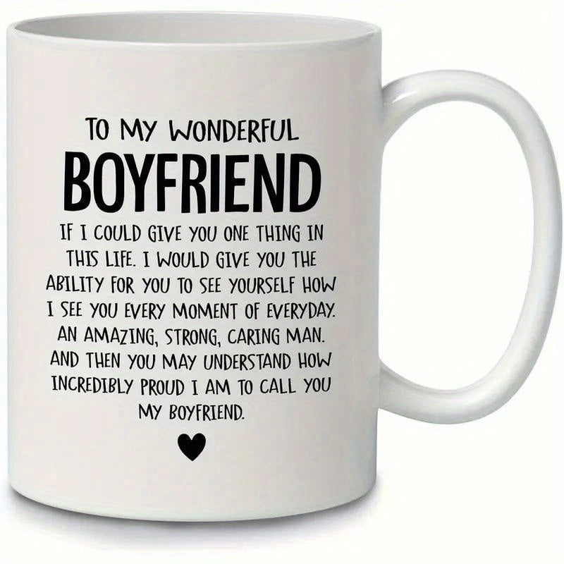 Tailorly White Ceramic 11 oz Mug - To My Wonderful Boyfriend Simple Minimalist Black Heart Icon Centered On Smooth Mug