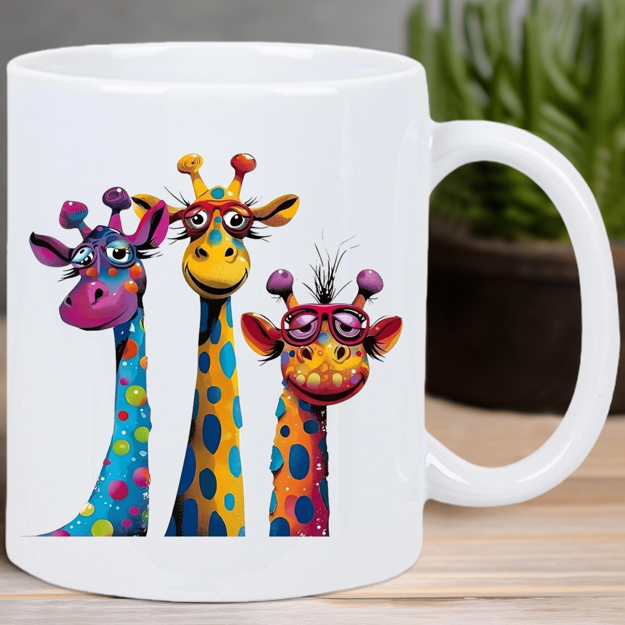 Tailorly White Ceramic 11 oz Mug - Colorful Artistic Whimsical Cartoon Characters Wearing Funky Glasses And Happy Expressions Giraffes