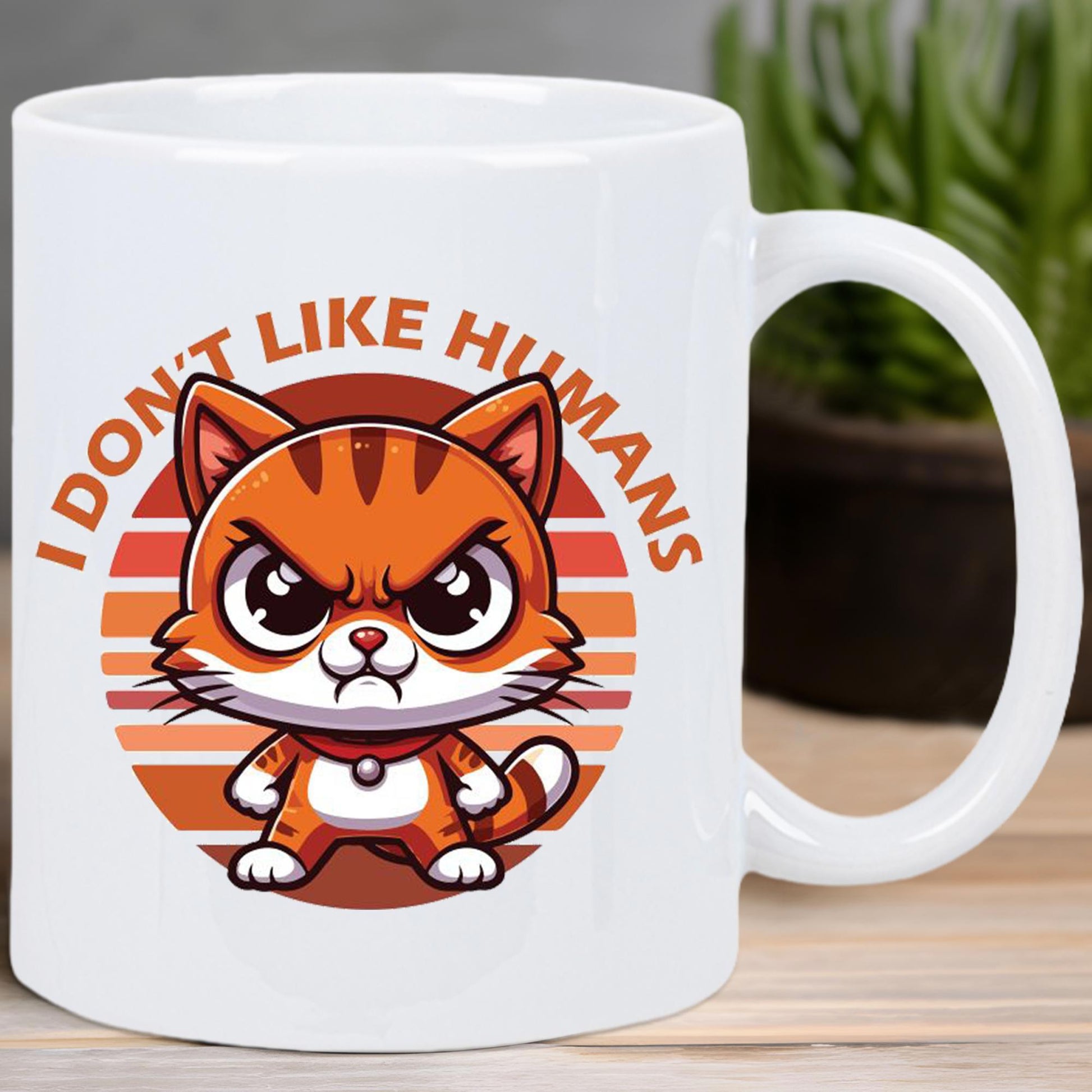 Tailorly White Ceramic 11 oz Mug - I Don't Like Humans Grumpy Orange Tabby Standing Boldly Before A Vintage Sunset Cat