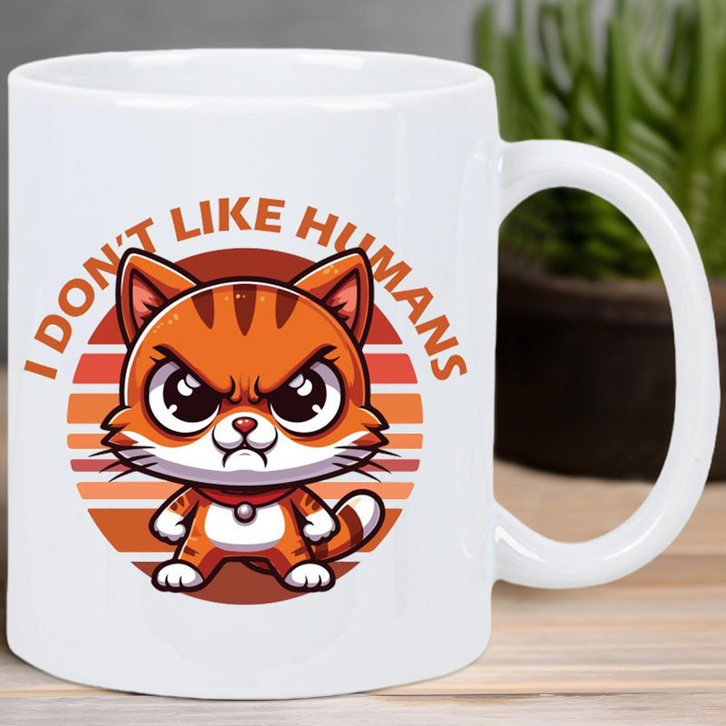 Tailorly White Ceramic 11 oz Mug - I Don't Like Humans Grumpy Orange Tabby Standing Boldly Before A Vintage Sunset Cat