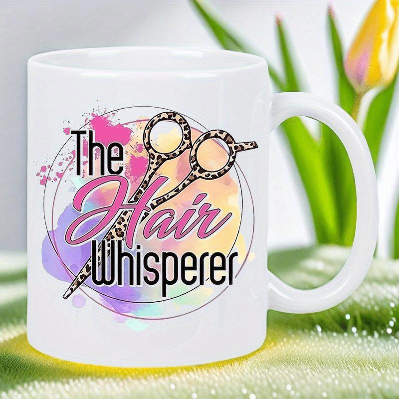 Tailorly White Ceramic 11 oz Mug - The Hair Whisperer Leopard Print Style With Colorful Watercolor Splashes And Circles Scissors