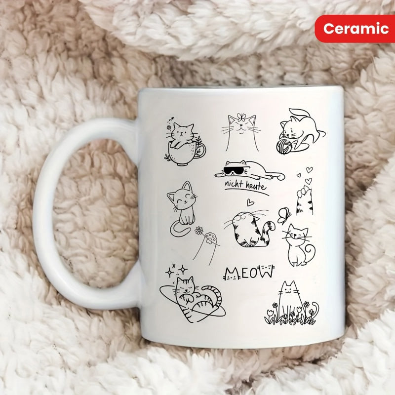 Tailorly White Ceramic 11 oz Mug - Meow Playful Minimalist Hand Drawn Doodles Featuring Charming And Sketchy Little Cat