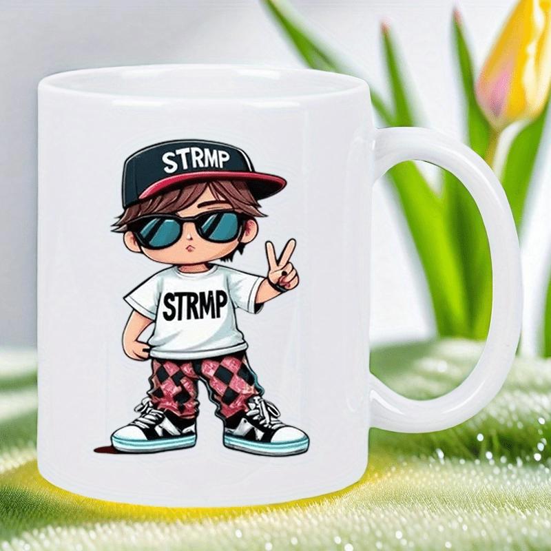 Tailorly White Ceramic 11 oz Mug - STRMP Cool Cartoon Boy Wearing Cap And Sunglasses Making Peace Sign Gesture Character